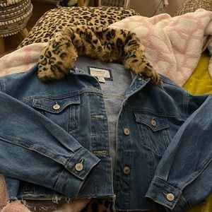 forever 21 leopard fur collar cropped denim jacket